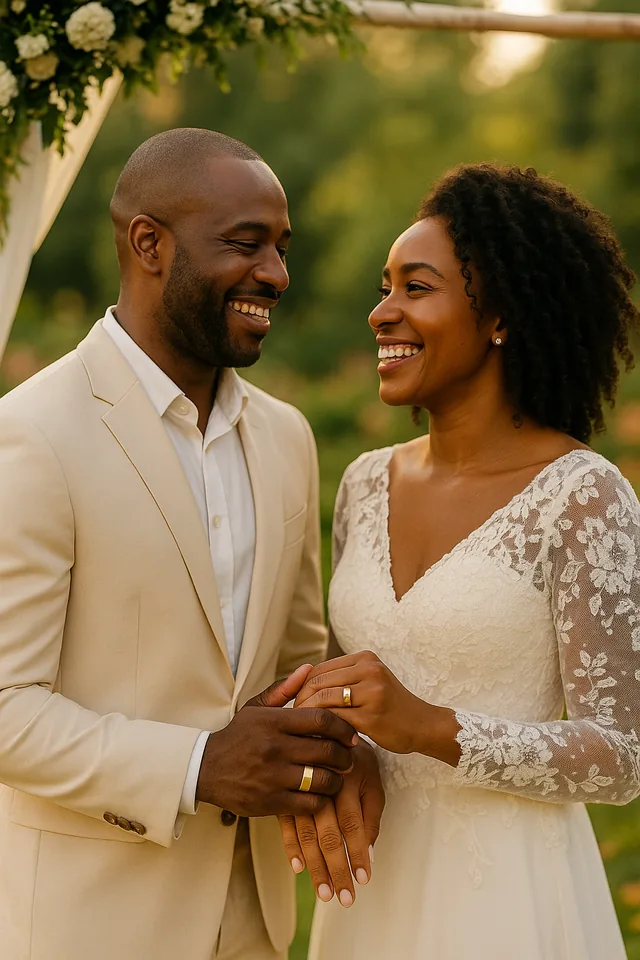 Casal de noivos sorrindo, de mãos dadas