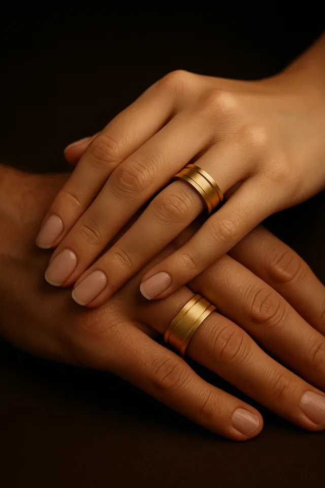 Mãos de um casal com alianças de ouro