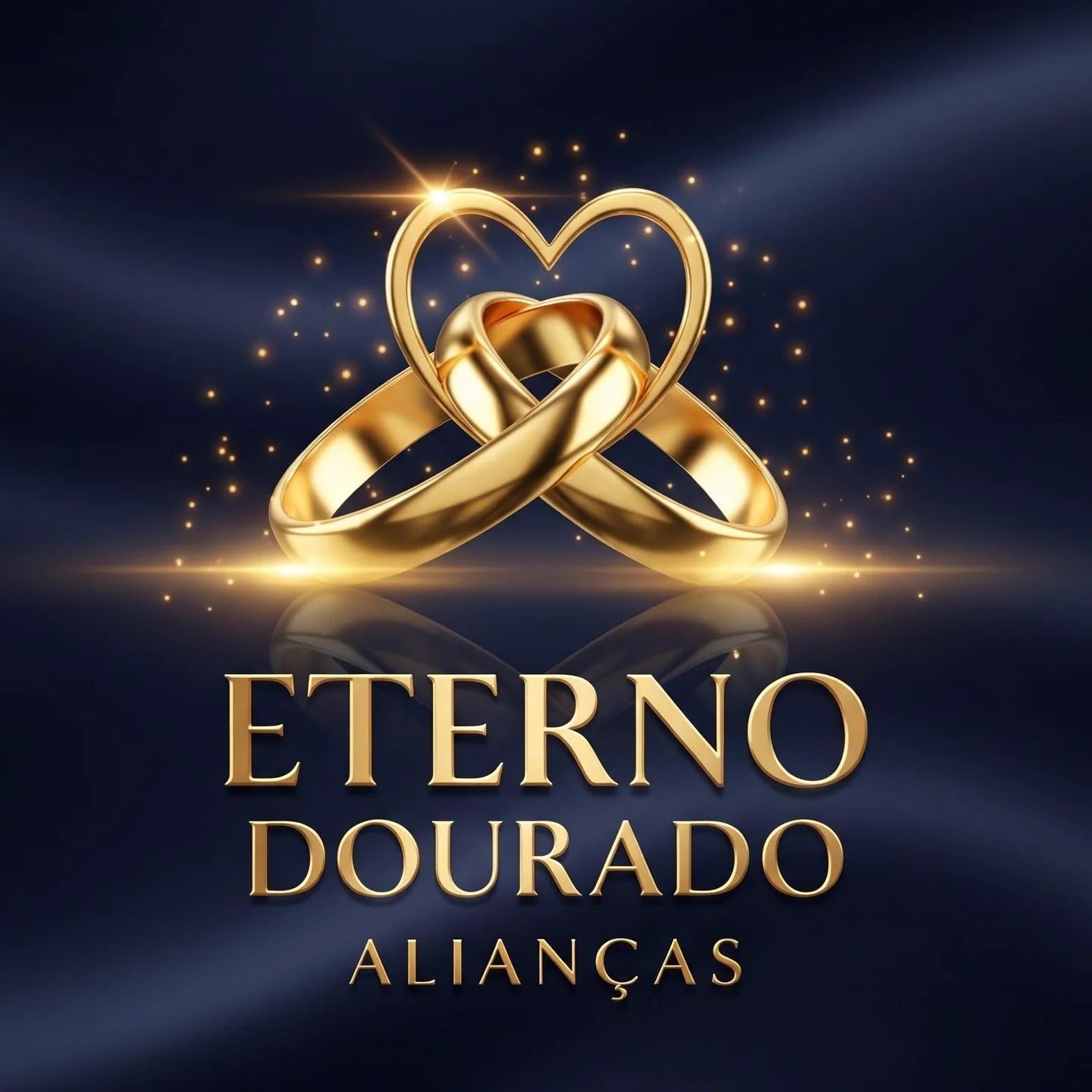 Duas alianças de ouro entrelaçadas sob um coração, com o nome Eterno Dourado